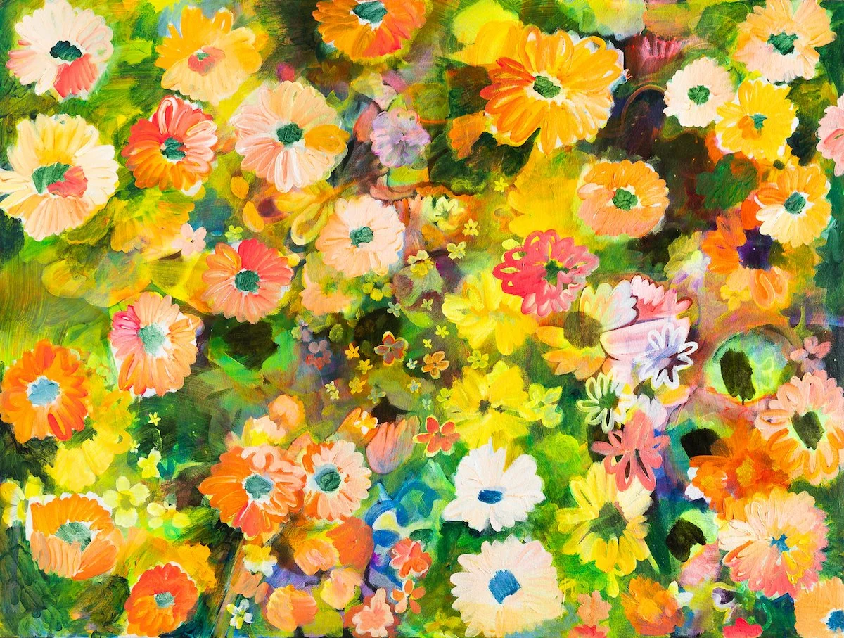 "All The Stars Will Pour Out Water..." Acrylic Floral Painting in Bright Vivid Colors by Wylie Garcia @ Soapbox Arts Gallery, Burlington, Vermont