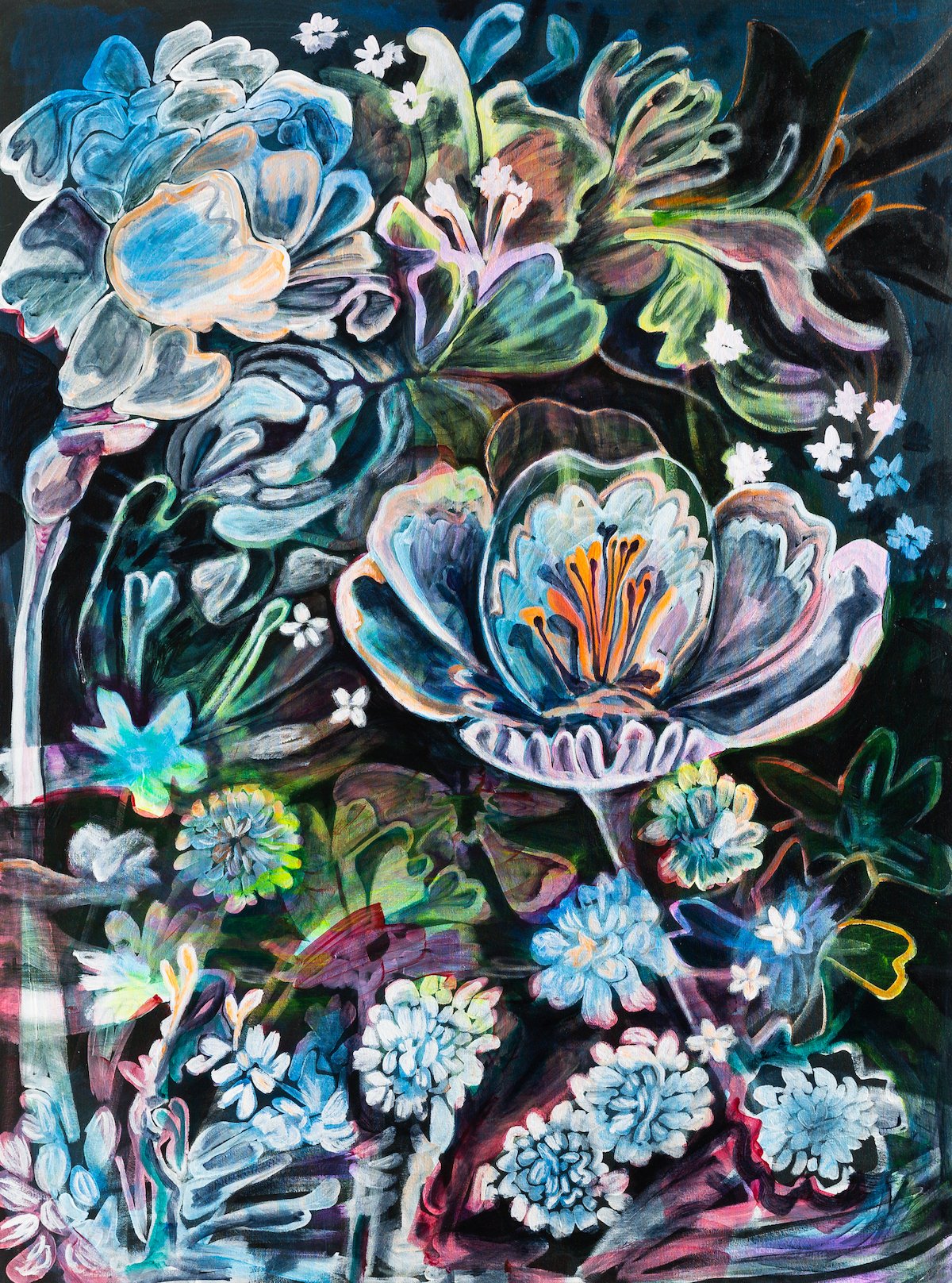 "Ghost Flowers" Acrylic Floral Painting in Bright Vivid Colors by Wylie Garcia @ Soapbox Arts Gallery, Burlington, Vermont