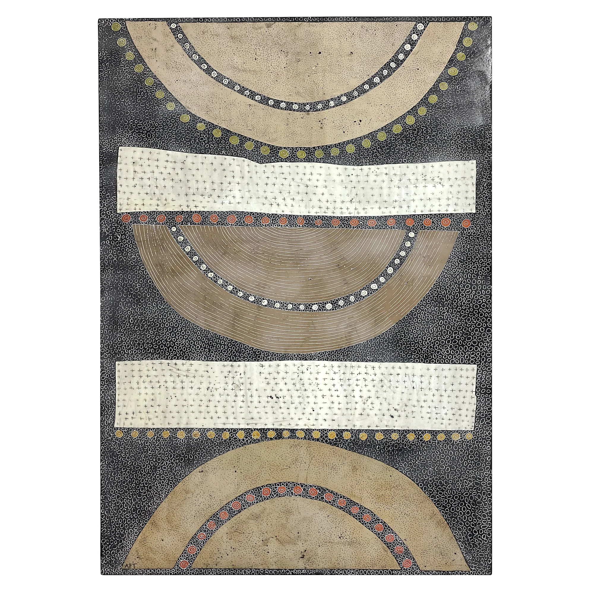 Mixed media, collage, and encaustic original artwork on panel featuring abstract geometric design in black, and neutrals by Athena Petra Tasiopoulos for Soapbox Arts Gallery