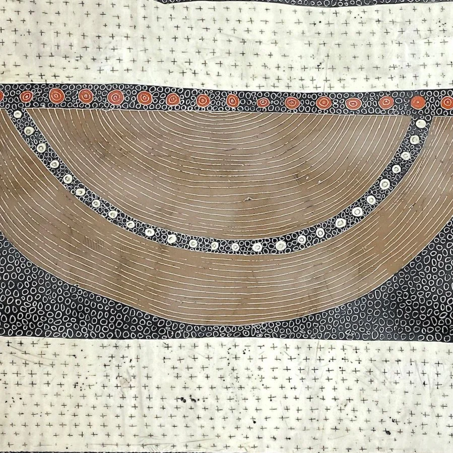 Mixed media, collage, and encaustic original artwork on panel featuring abstract geometric design in black, and neutrals by Athena Petra Tasiopoulos for Soapbox Arts Gallery