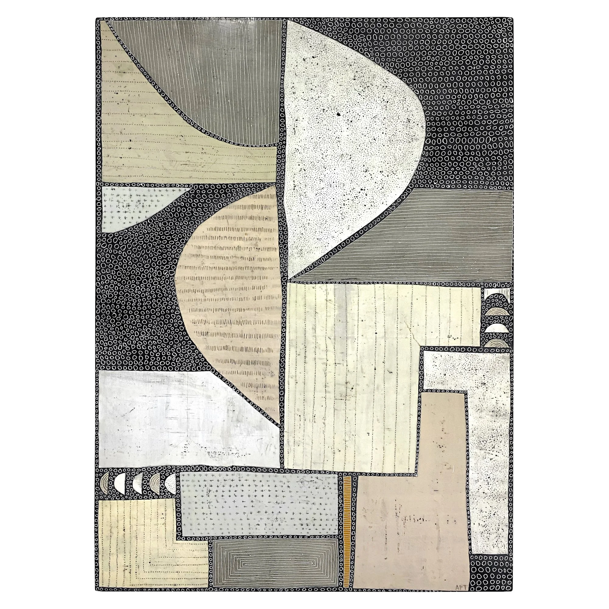 Mixed media, collage, and encaustic original artwork on panel featuring abstract geometric design in black, and neutrals by Athena Petra Tasiopoulos for Soapbox Arts Gallery