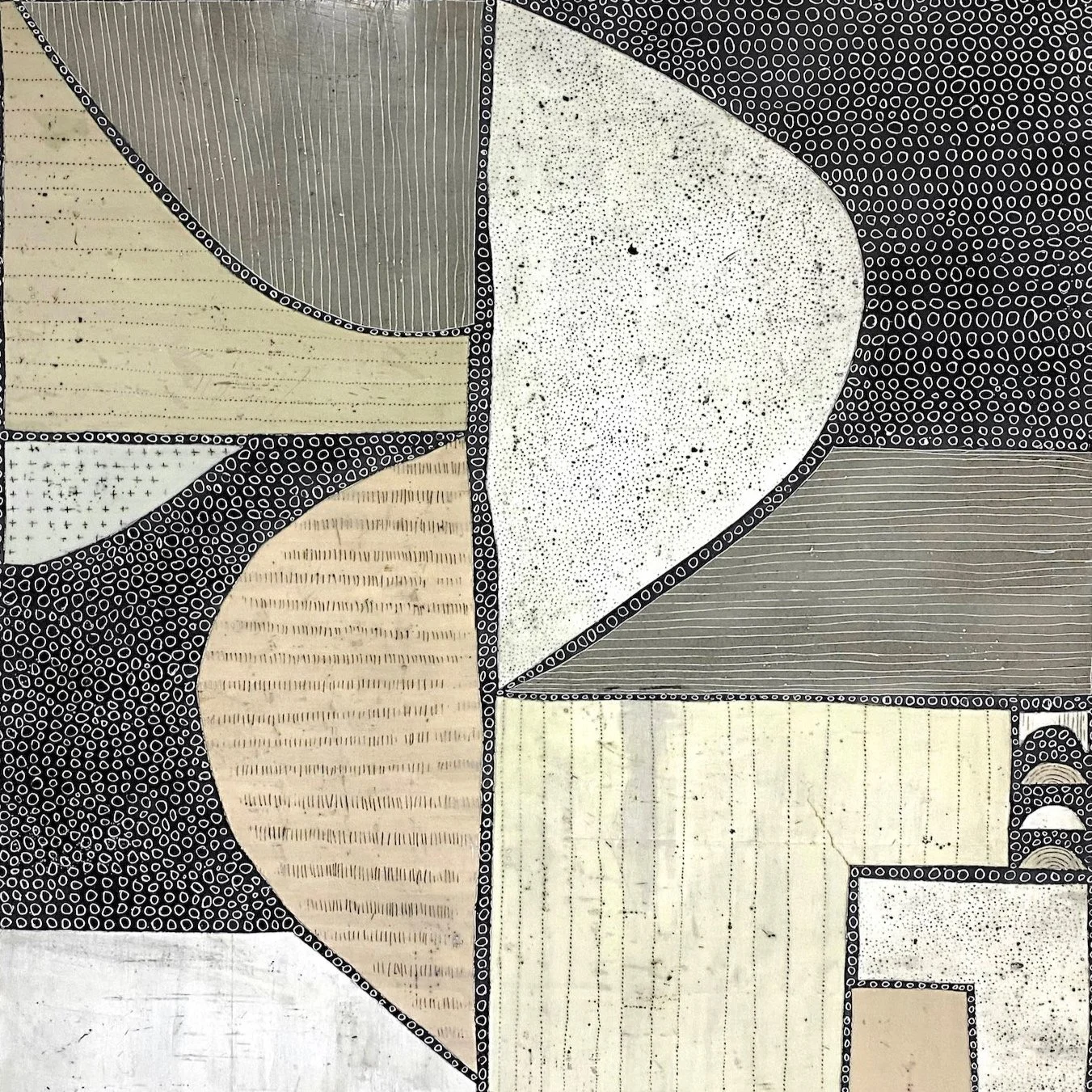 Mixed media, collage, and encaustic original artwork on panel featuring abstract geometric design in black, and neutrals by Athena Petra Tasiopoulos for Soapbox Arts Gallery