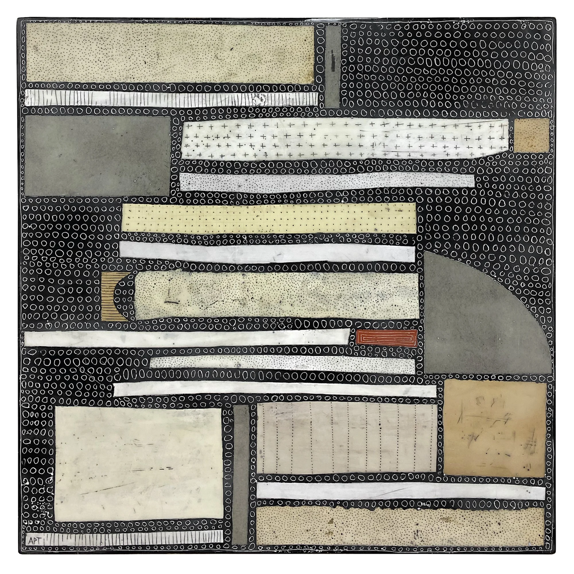 Mixed media, collage, and encaustic original artwork on panel featuring abstract geometric design in black, and neutrals by Athena Petra Tasiopoulos for Soapbox Arts Gallery