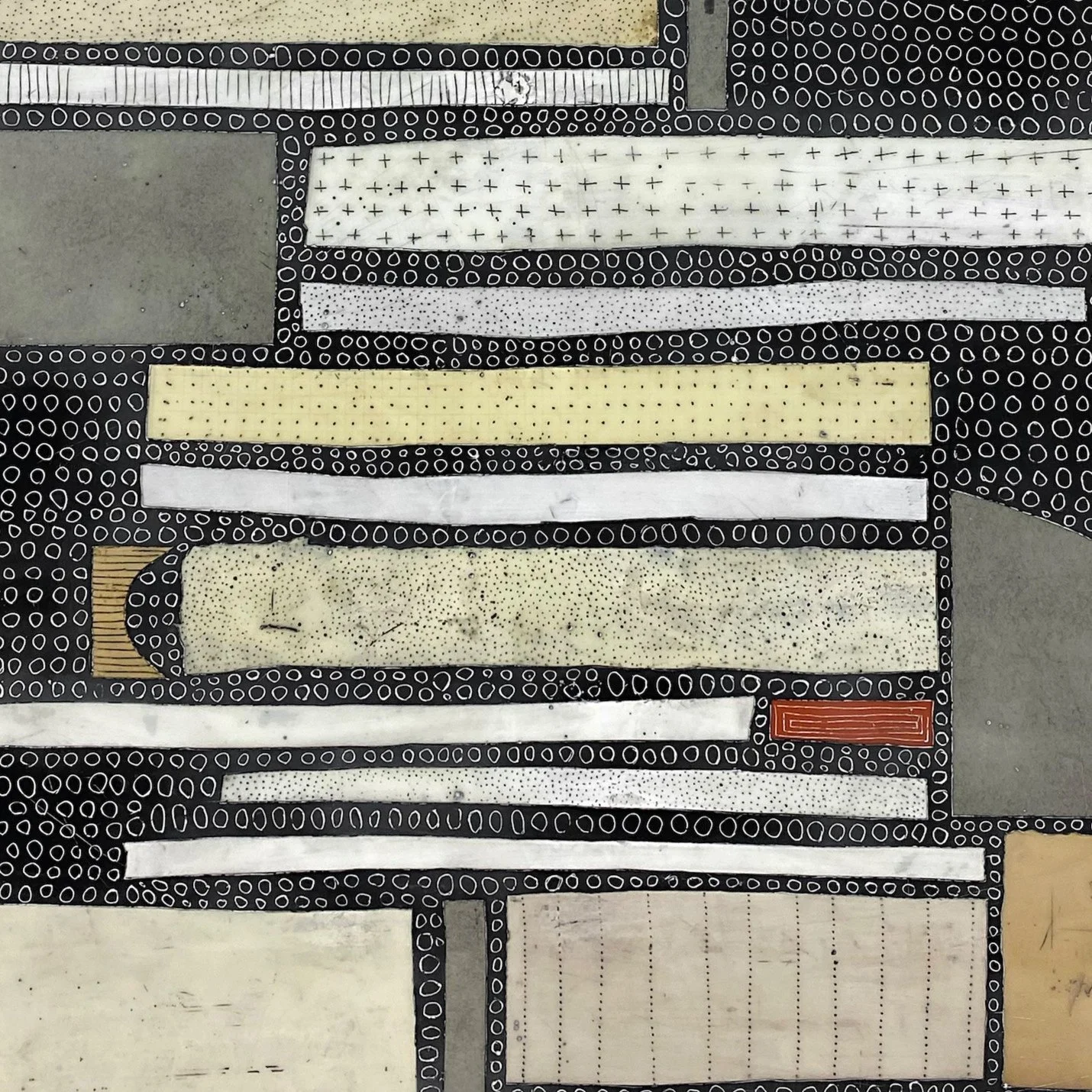 Mixed media, collage, and encaustic original artwork on panel featuring abstract geometric design in black, and neutrals by Athena Petra Tasiopoulos for Soapbox Arts Gallery