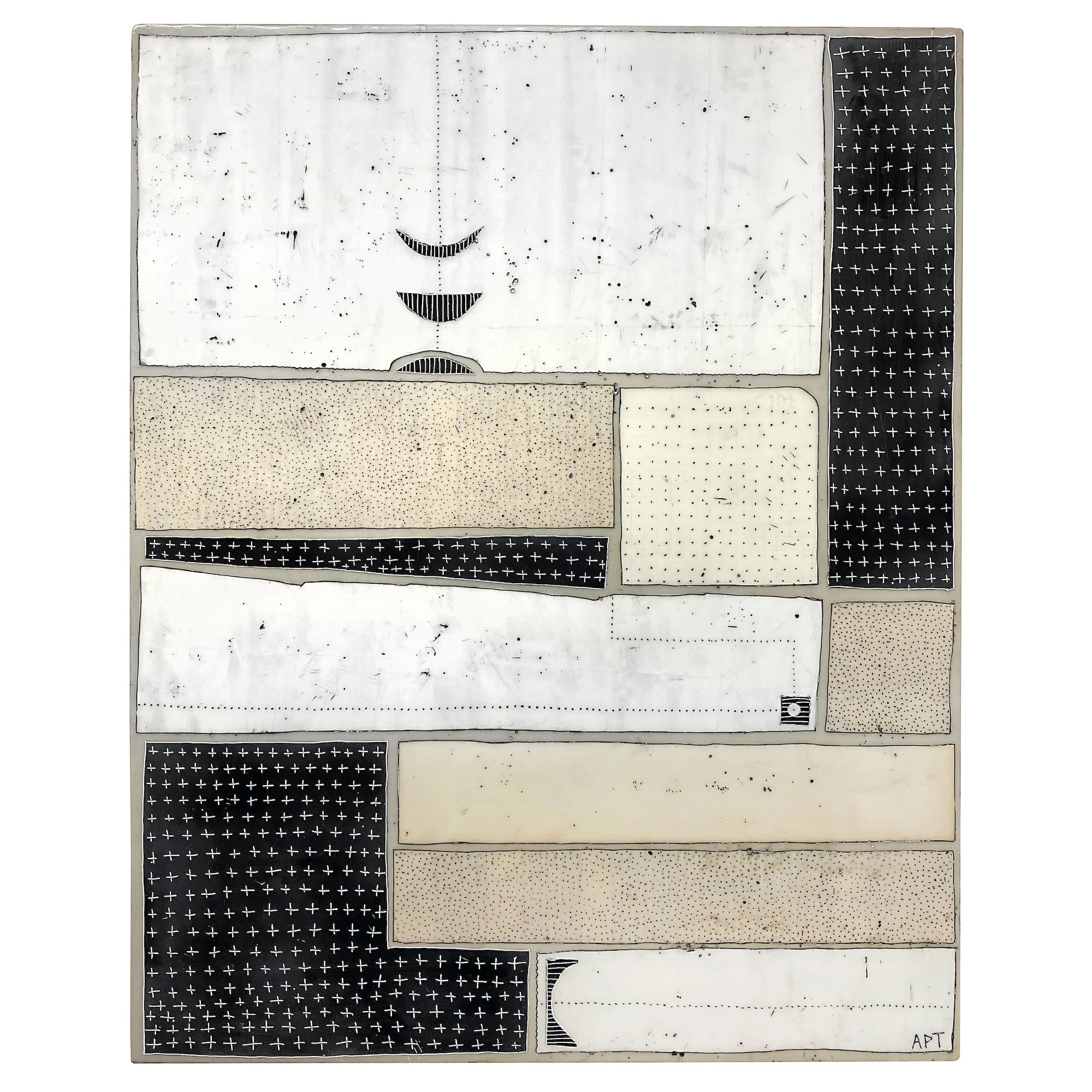 Mixed media, collage, and encaustic original artwork on panel featuring abstract geometric design in black, and neutrals by Athena Petra Tasiopoulos for Soapbox Arts Gallery