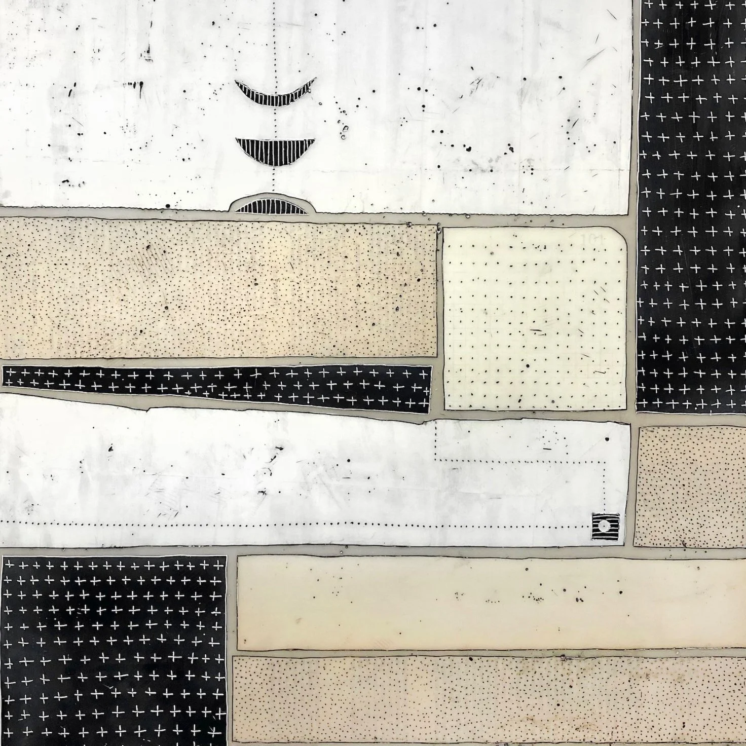 Mixed media, collage, and encaustic original artwork on panel featuring abstract geometric design in black, and neutrals by Athena Petra Tasiopoulos for Soapbox Arts Gallery