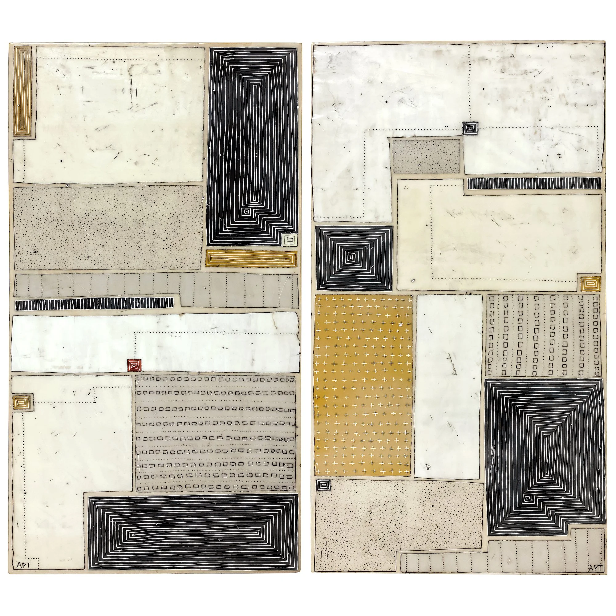 Mixed media, collage, and encaustic original artwork on panel featuring abstract geometric design in black, and neutrals by Athena Petra Tasiopoulos for Soapbox Arts Gallery