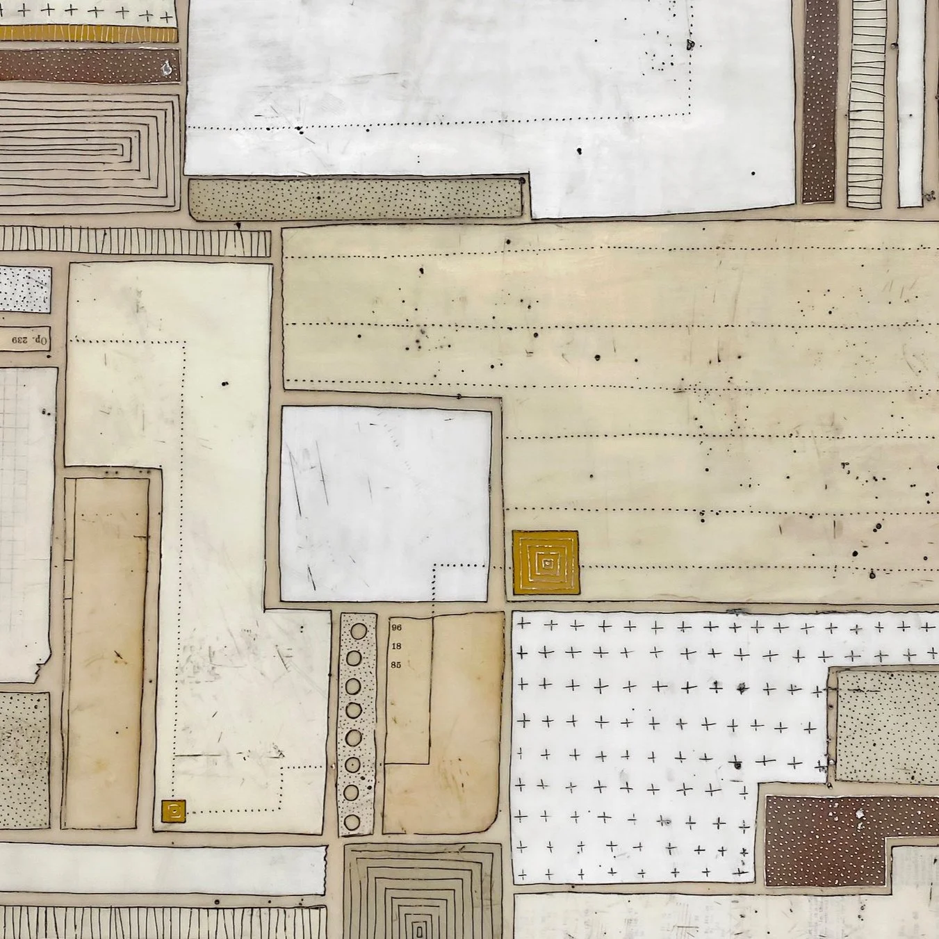 Mixed media, collage, and encaustic original artwork on panel featuring abstract geometric design in black, and neutrals by Athena Petra Tasiopoulos for Soapbox Arts Gallery