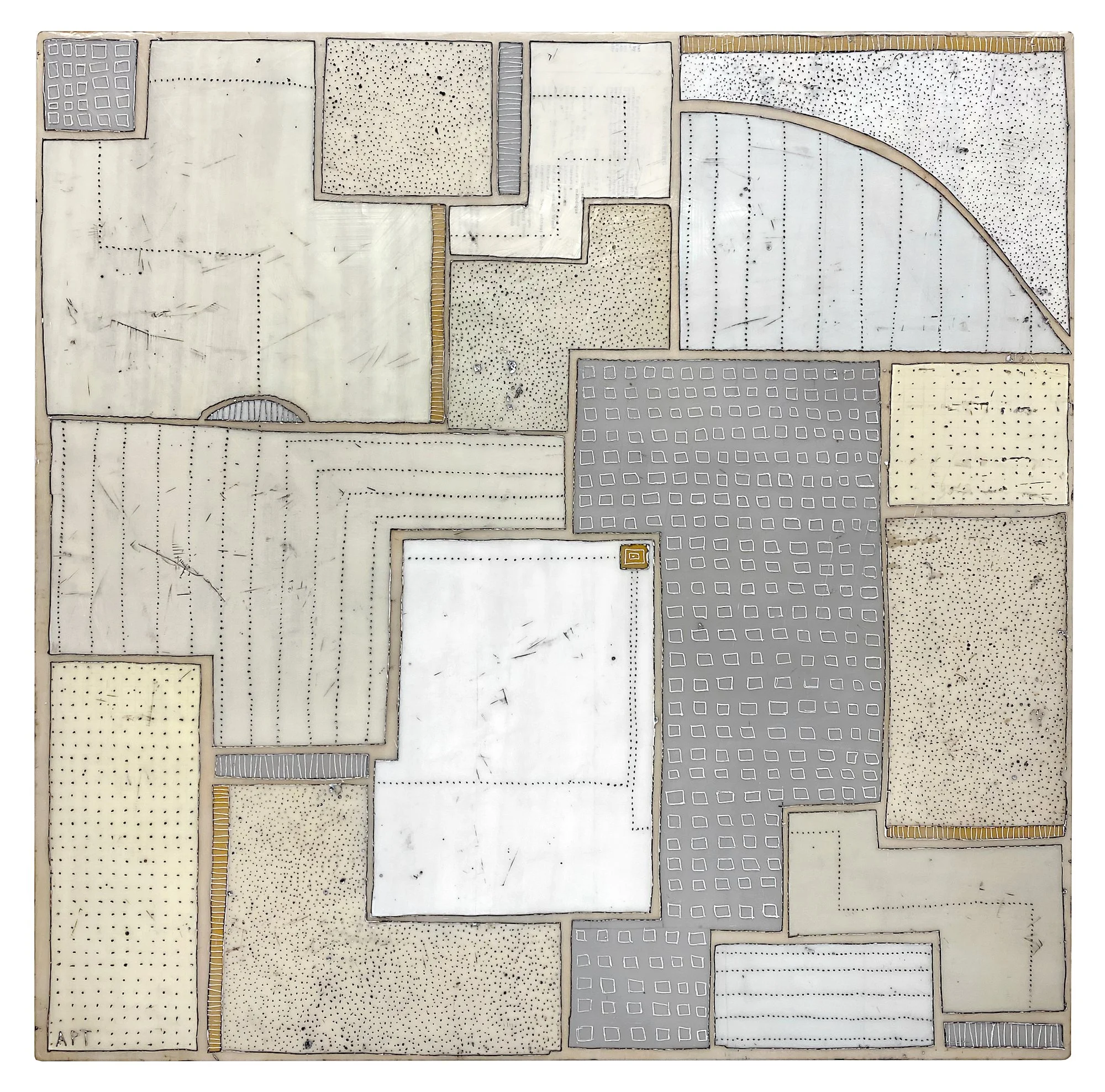 Mixed media, collage, and encaustic original artwork on panel featuring abstract geometric design in black, and neutrals by Athena Petra Tasiopoulos for Soapbox Arts Gallery