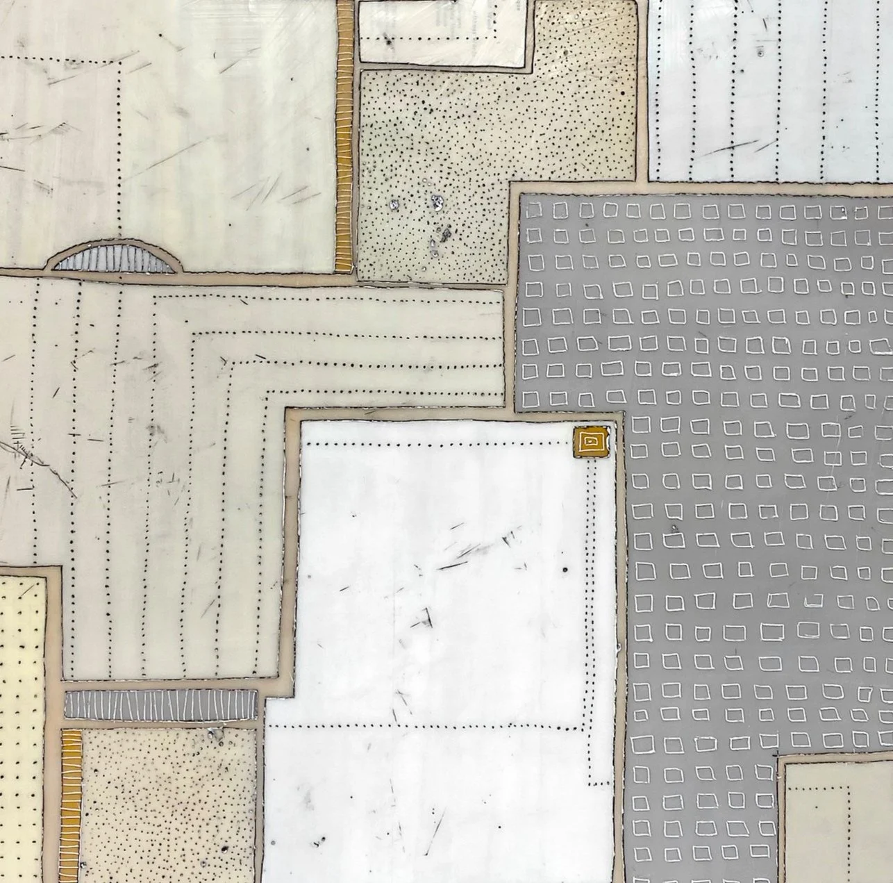 Mixed media, collage, and encaustic original artwork on panel featuring abstract geometric design in black, and neutrals by Athena Petra Tasiopoulos for Soapbox Arts Gallery