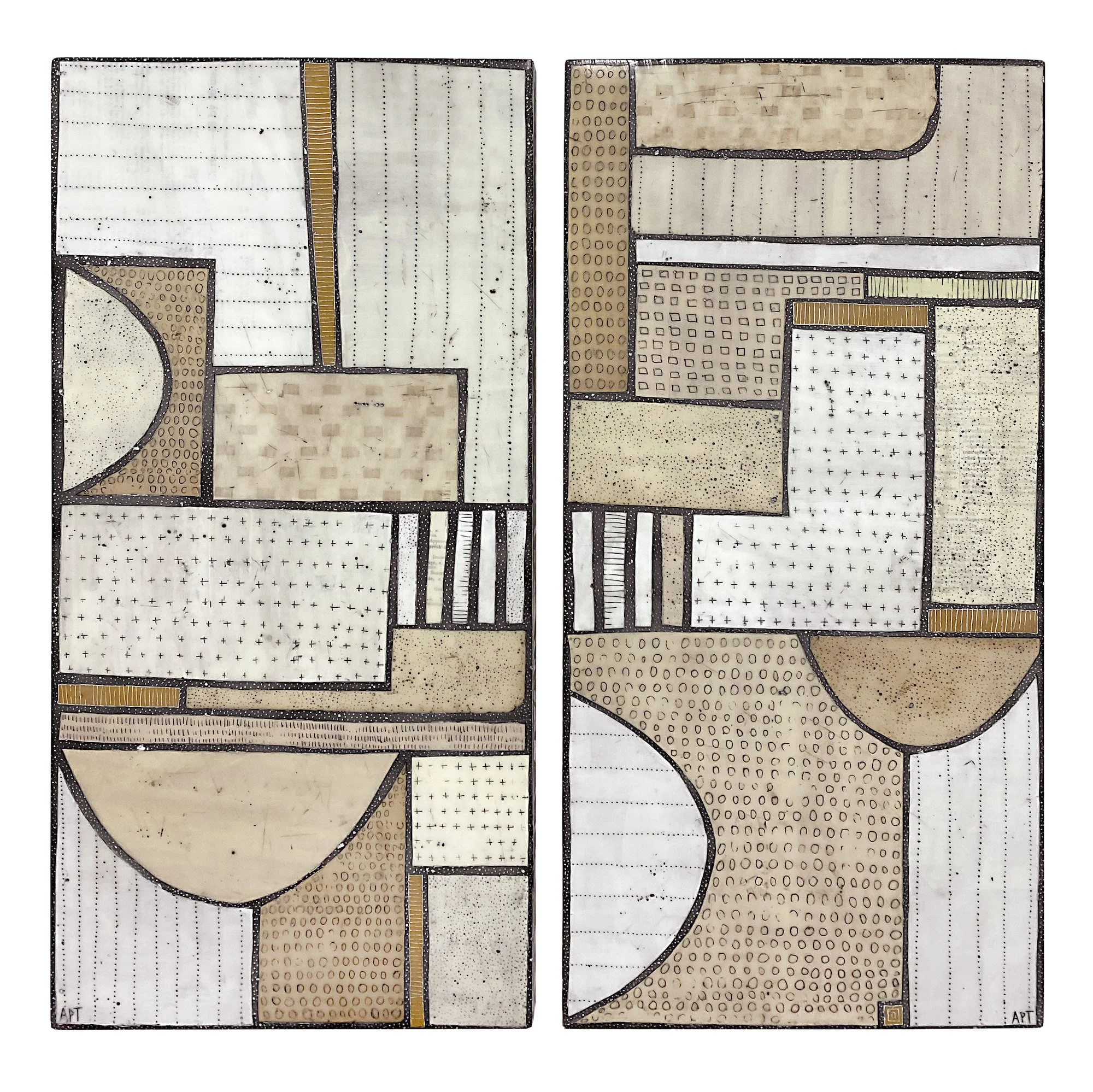 Mixed media, collage, and encaustic original artwork on panel featuring abstract geometric design in black, and neutrals by Athena Petra Tasiopoulos for Soapbox Arts Gallery