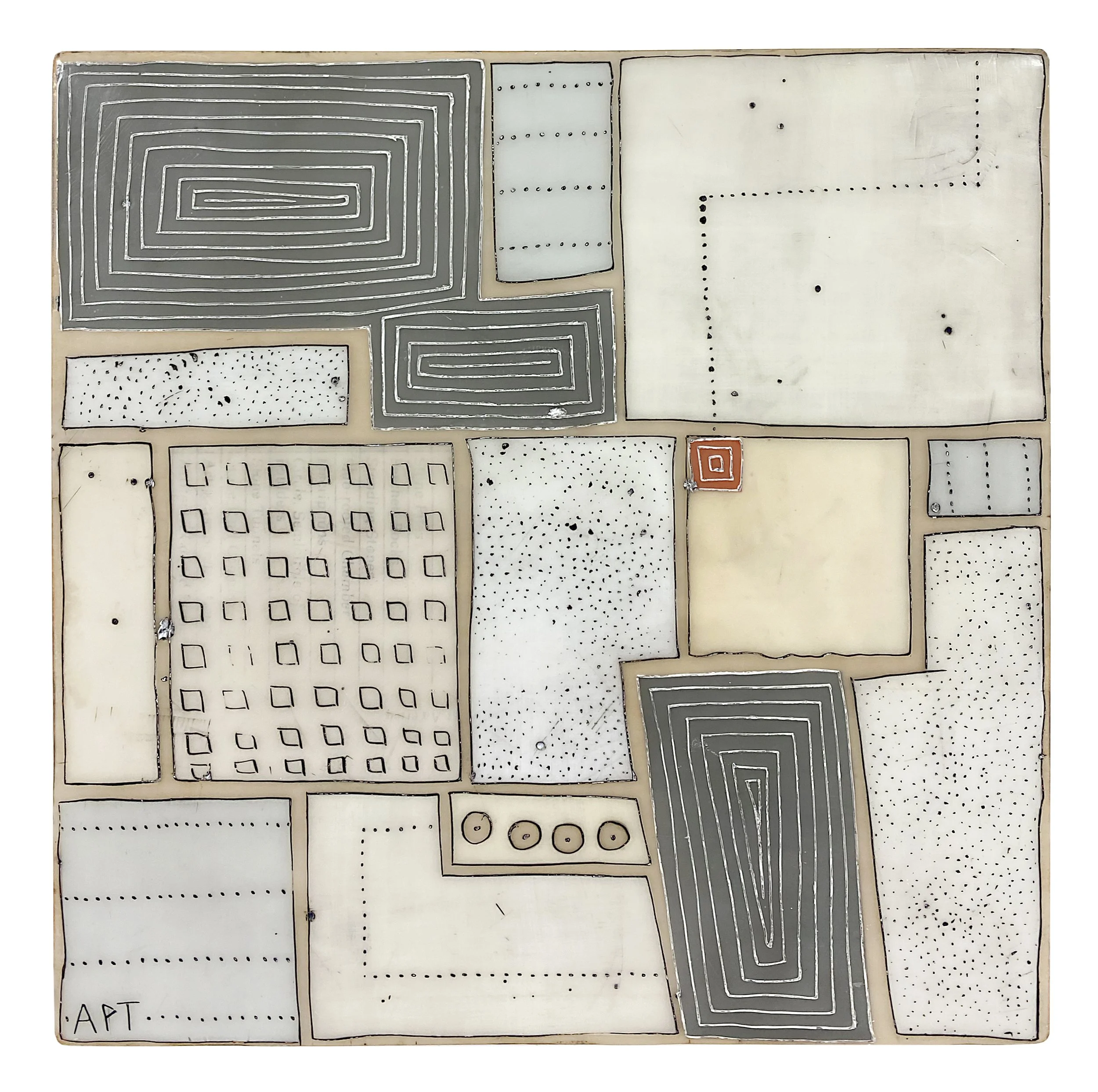 Mixed media, collage, and encaustic original artwork on panel featuring abstract geometric design in black, and neutrals by Athena Petra Tasiopoulos for Soapbox Arts Gallery