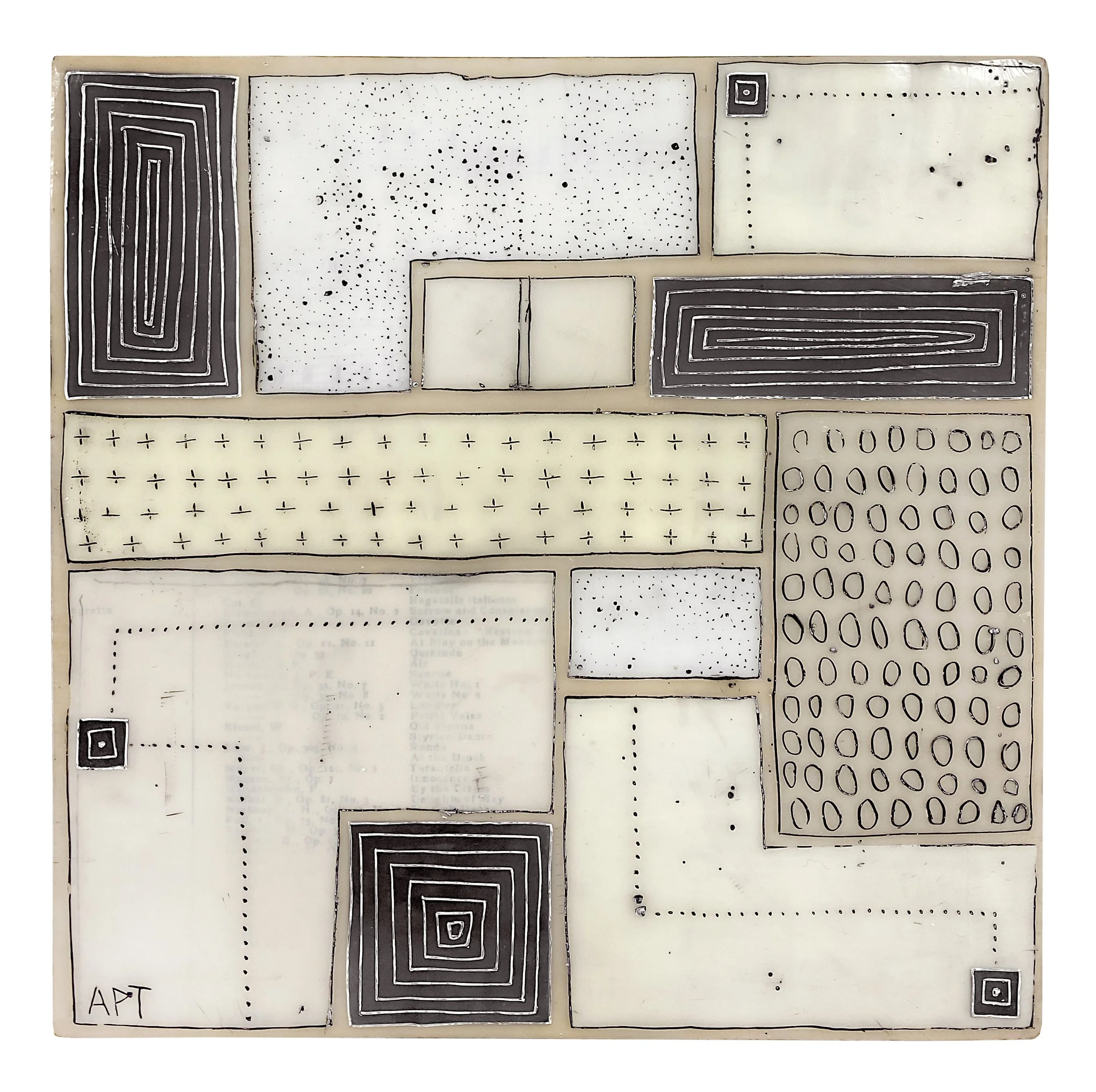 Mixed media, collage, and encaustic original artwork on panel featuring abstract geometric design in black, and neutrals by Athena Petra Tasiopoulos for Soapbox Arts Gallery