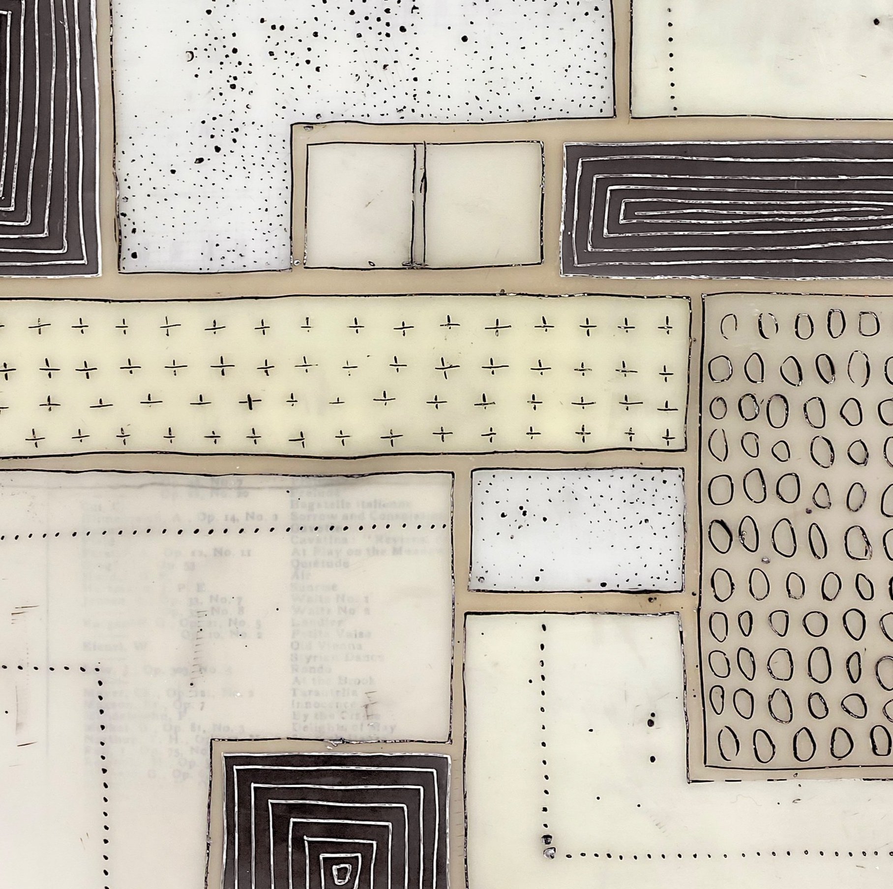 Mixed media, collage, and encaustic original artwork on panel featuring abstract geometric design in black, and neutrals by Athena Petra Tasiopoulos for Soapbox Arts Gallery