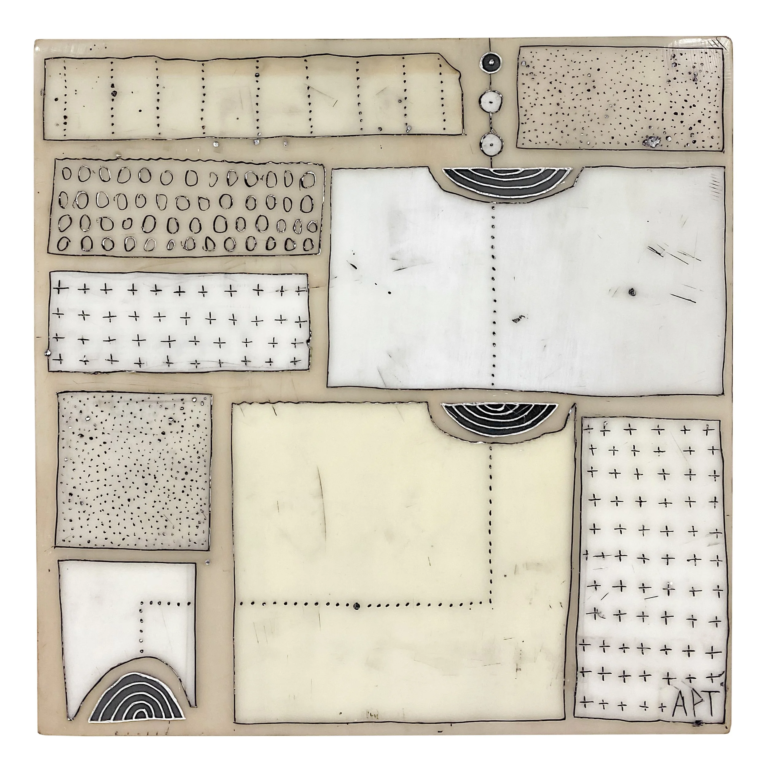 Mixed media, collage, and encaustic original artwork on panel featuring abstract geometric design in black, and neutrals by Athena Petra Tasiopoulos for Soapbox Arts Gallery