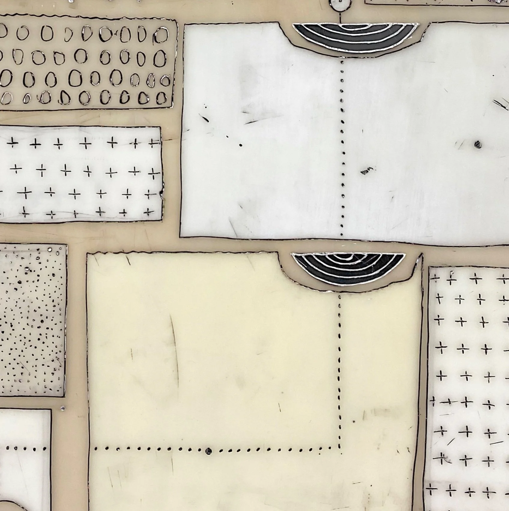 Mixed media, collage, and encaustic original artwork on panel featuring abstract geometric design in black, and neutrals by Athena Petra Tasiopoulos for Soapbox Arts Gallery