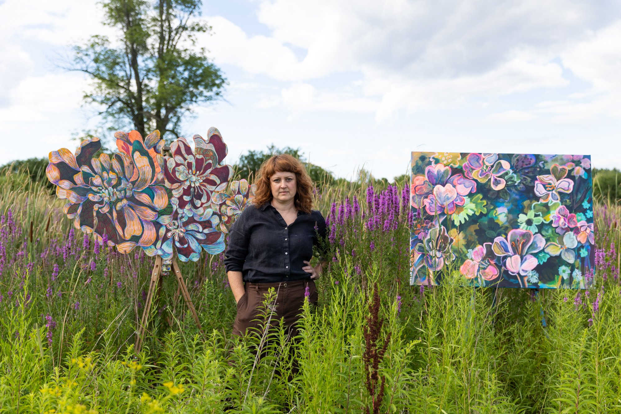 Exhibition Installation of 'Tending Constellations' featuring original acrylic paintings by Vermont artist, Wylie Garcia, at Soapbox Arts Gallery in Burlington, Vermont