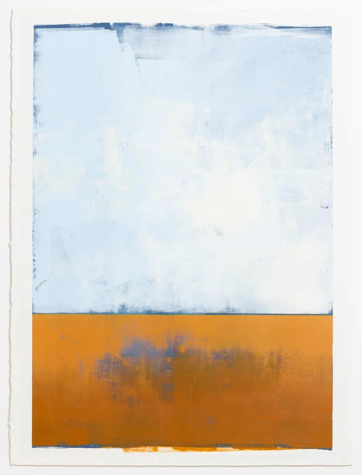 “1:43pm" Original blue and golden orange abstract landscape painting in acrylic by Charlotte Dworshak @ Soapbox Arts Gallery, Burlington, Vermont