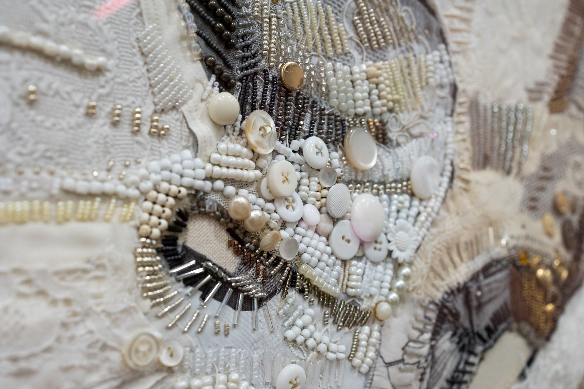 "Anatomy of a Wedding Dress" Mixed Media Textile Artwork by Mary Lacy @ Soapbox Arts Gallery, Burlington, Vermont