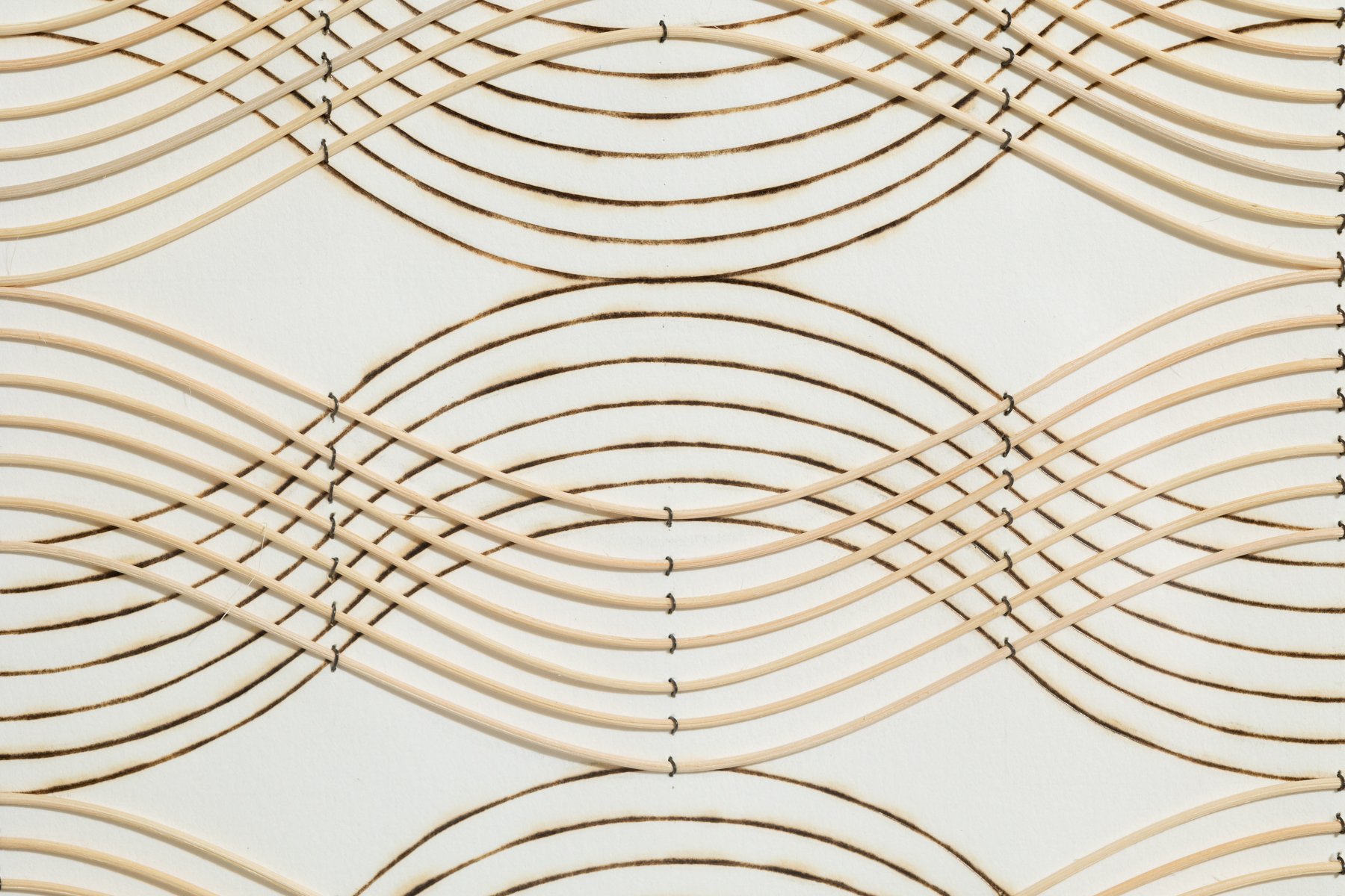 "Surface Tension" Geometric Art with Burned Lines and Dyed Reeds on Paper by Katrine Hildebrandt-Hussey @ Soapbox Arts Gallery, Burlington, VT 