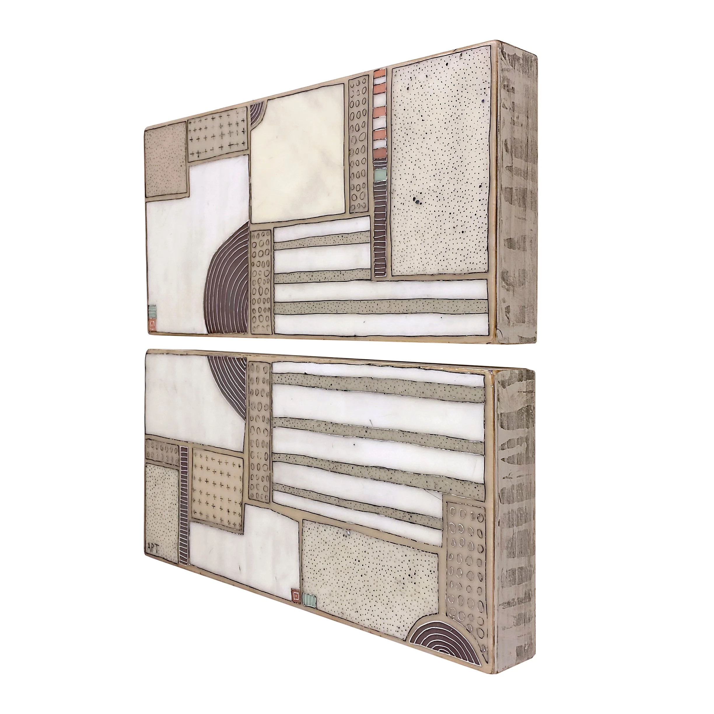 Mixed media, collage, and encaustic original artwork on panel featuring abstract geometric design in black, and neutrals by Athena Petra Tasiopoulos for Soapbox Arts Gallery
