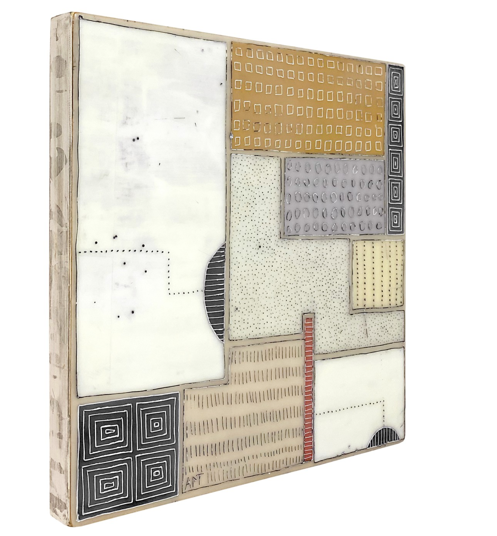 Mixed media, collage, and encaustic original artwork on panel featuring abstract geometric design in black, and neutrals by Athena Petra Tasiopoulos for Soapbox Arts Gallery