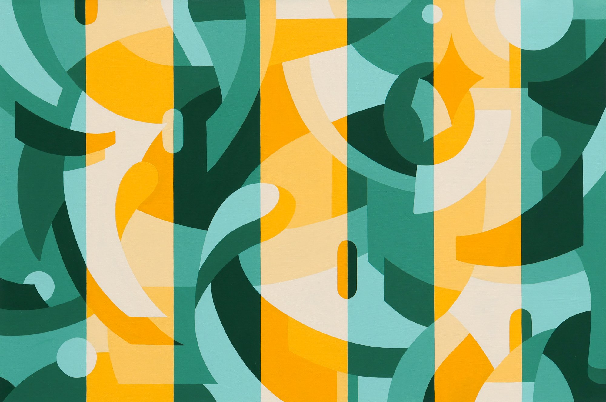 'Open Season' original abstract geometric painting in shades of green and yellow by Will Gebhard for Soapbox Arts Gallery in Burlington, VT