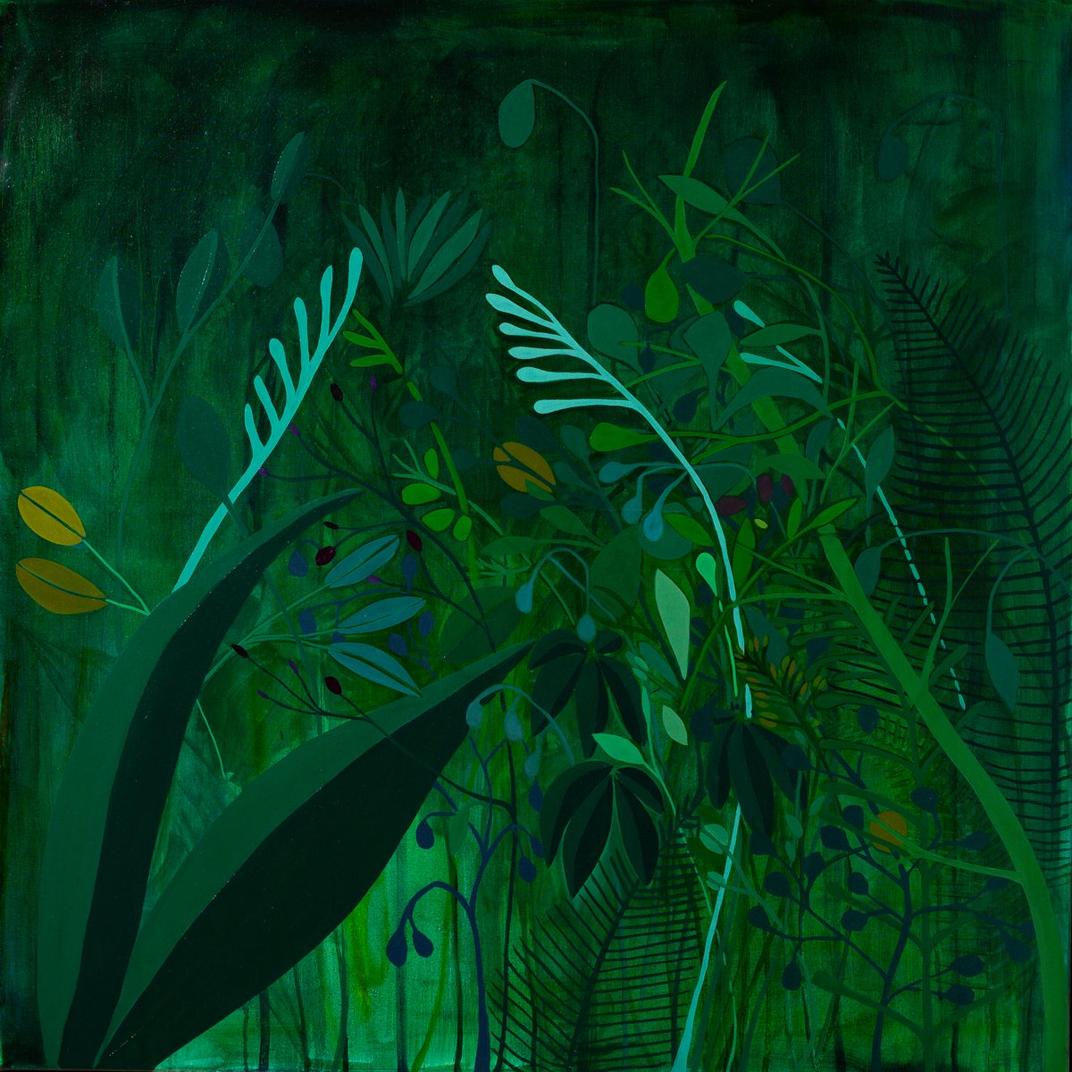 "Jungle Journal: Day One" Oil Painting of Dark Green Lush Jungle Foliage by Sage Tucker-Ketcham @ Soapbox Arts Gallery, Burlington, VT 
