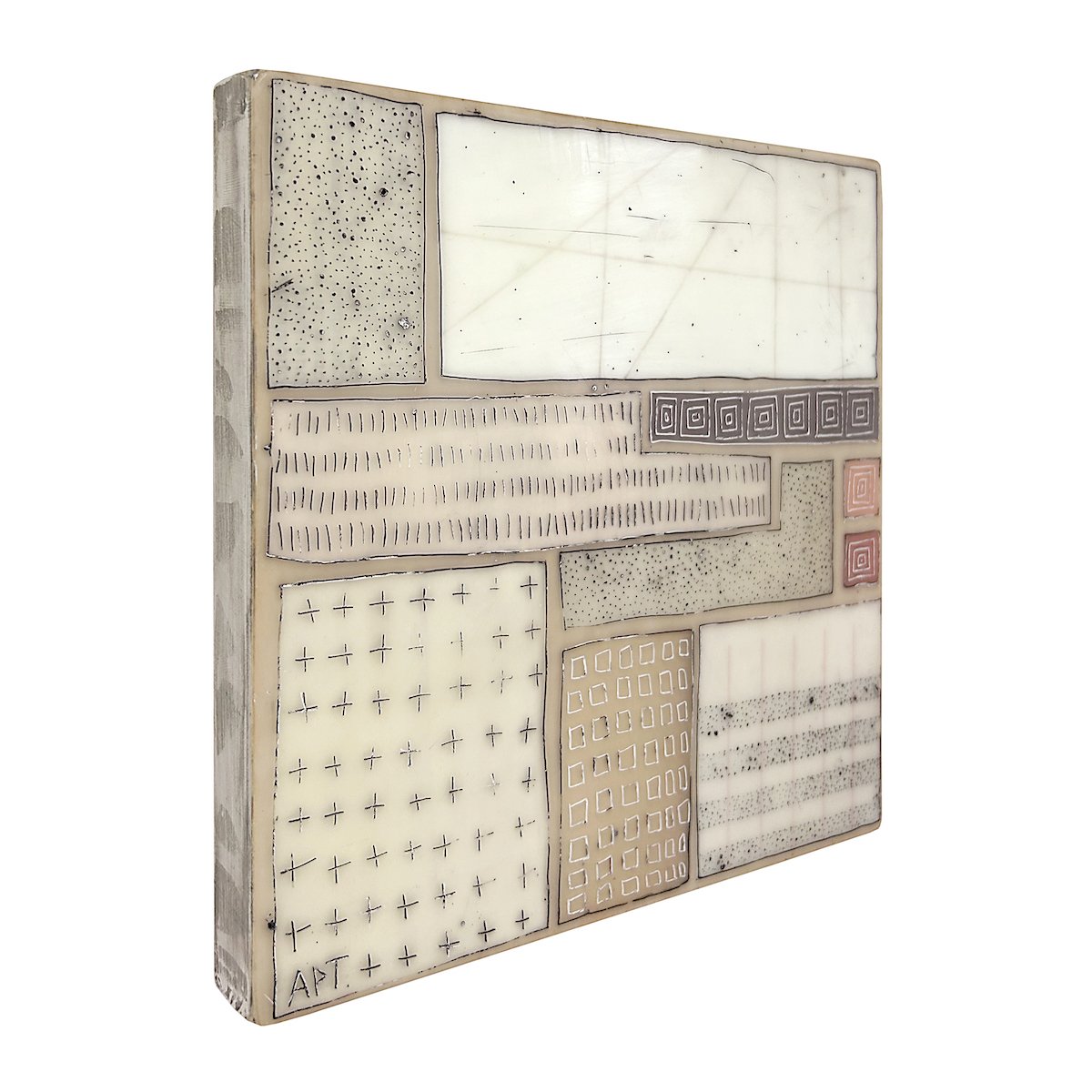 Mixed media, collage, and encaustic original artwork on panel featuring abstract geometric design in black, and neutrals by Athena Petra Tasiopoulos for Soapbox Arts Gallery