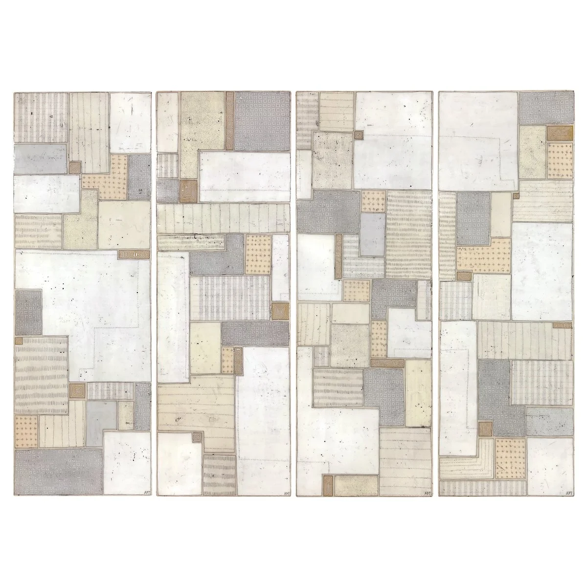 Mixed media, collage, and encaustic original artwork on panel featuring abstract geometric design in black, and neutrals by Athena Petra Tasiopoulos for Soapbox Arts Gallery
