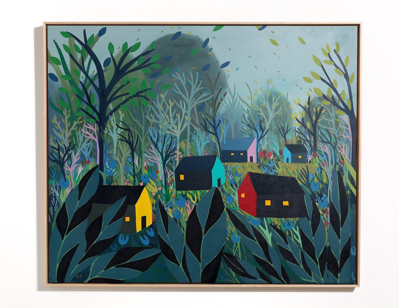 "Looking Out..." Oil Painting of Barn Houses in a Wooded Scene by Sage Tucker-Ketcham @ Soapbox Arts Gallery, Burlington, VT 