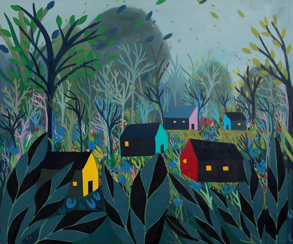 "Looking Out..." Oil Painting of Barn Houses in a Wooded Scene by Sage Tucker-Ketcham @ Soapbox Arts Gallery, Burlington, VT 