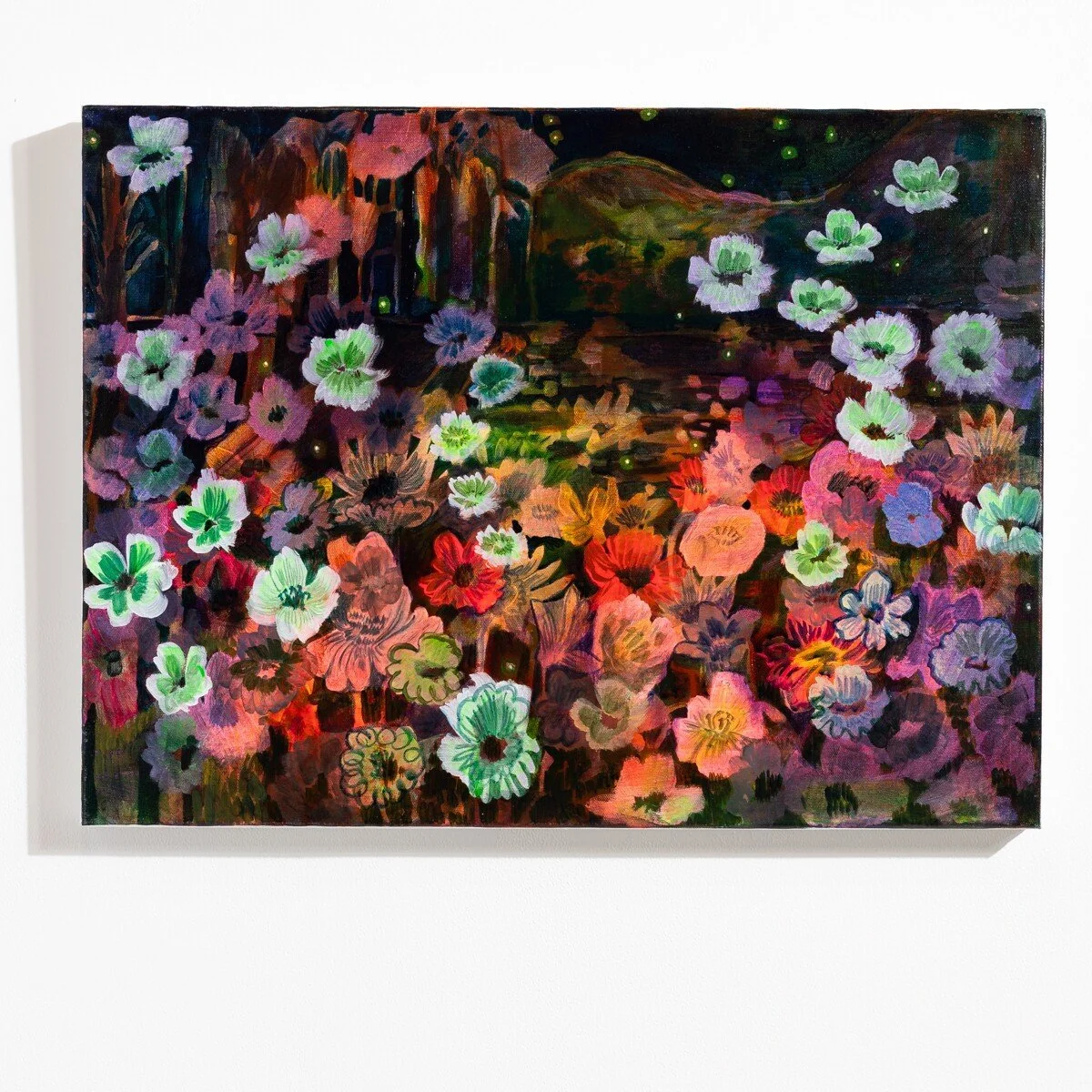 Original brightly colored, floral-inspired painting in acrylic by Vermont-based artist, Wylie Garcia, available at Soapbox Arts Gallery in Burlington, VT