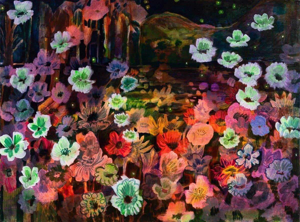 Original brightly colored, floral-inspired painting in acrylic by Vermont-based artist, Wylie Garcia, available at Soapbox Arts Gallery in Burlington, VT