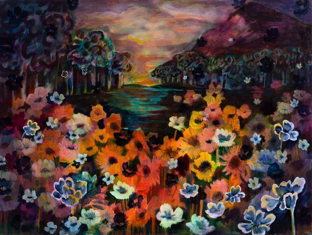 Original brightly colored, floral-inspired painting in acrylic by Vermont-based artist, Wylie Garcia, available at Soapbox Arts Gallery in Burlington, VT