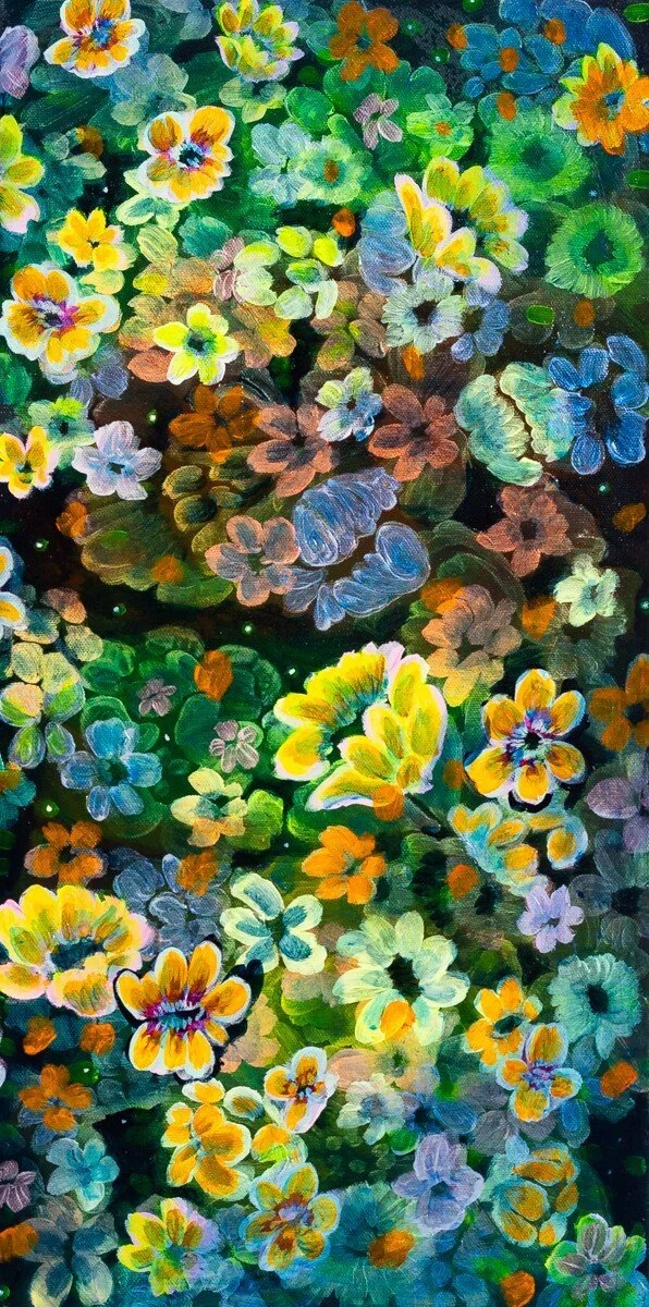 Original brightly colored, floral-inspired painting in acrylic by Vermont-based artist, Wylie Garcia, available at Soapbox Arts Gallery in Burlington, VT