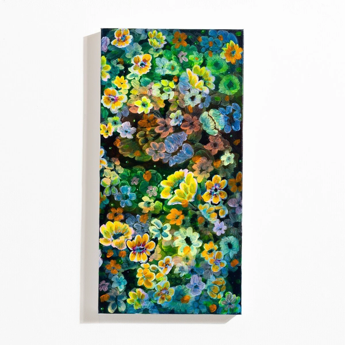 Original brightly colored, floral-inspired painting in acrylic by Vermont-based artist, Wylie Garcia, available at Soapbox Arts Gallery in Burlington, VT
