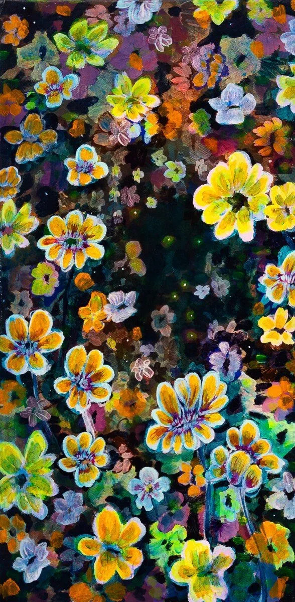 Original brightly colored, floral-inspired painting in acrylic by Vermont-based artist, Wylie Garcia, available at Soapbox Arts Gallery in Burlington, VT