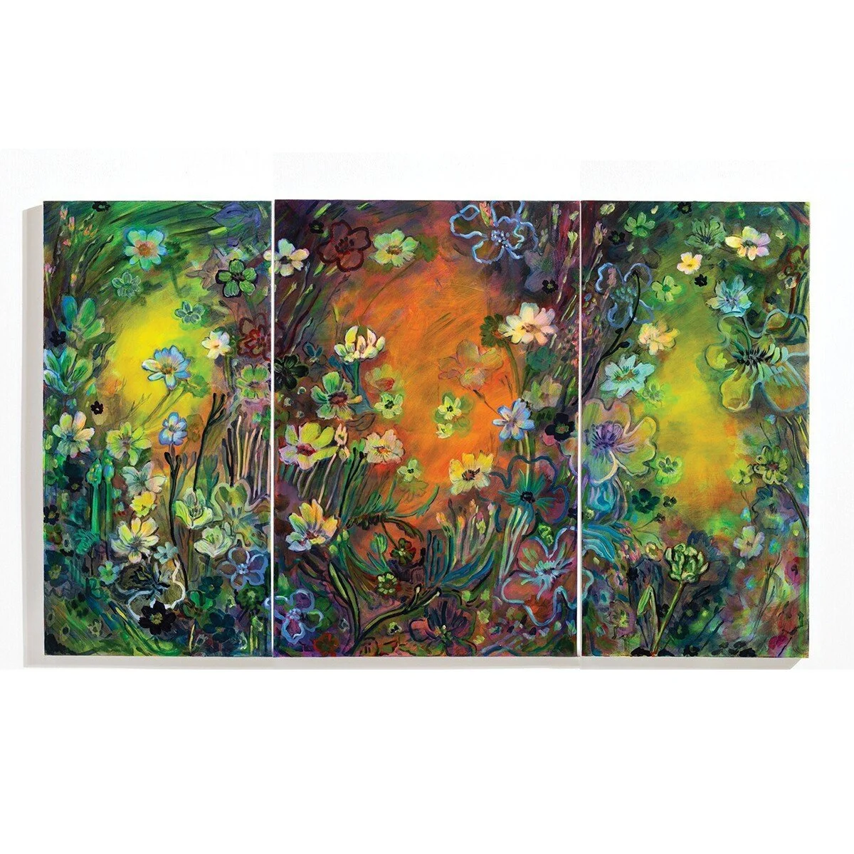 Original brightly colored, floral-inspired painting in acrylic by Vermont-based artist, Wylie Garcia, available at Soapbox Arts Gallery in Burlington, VT