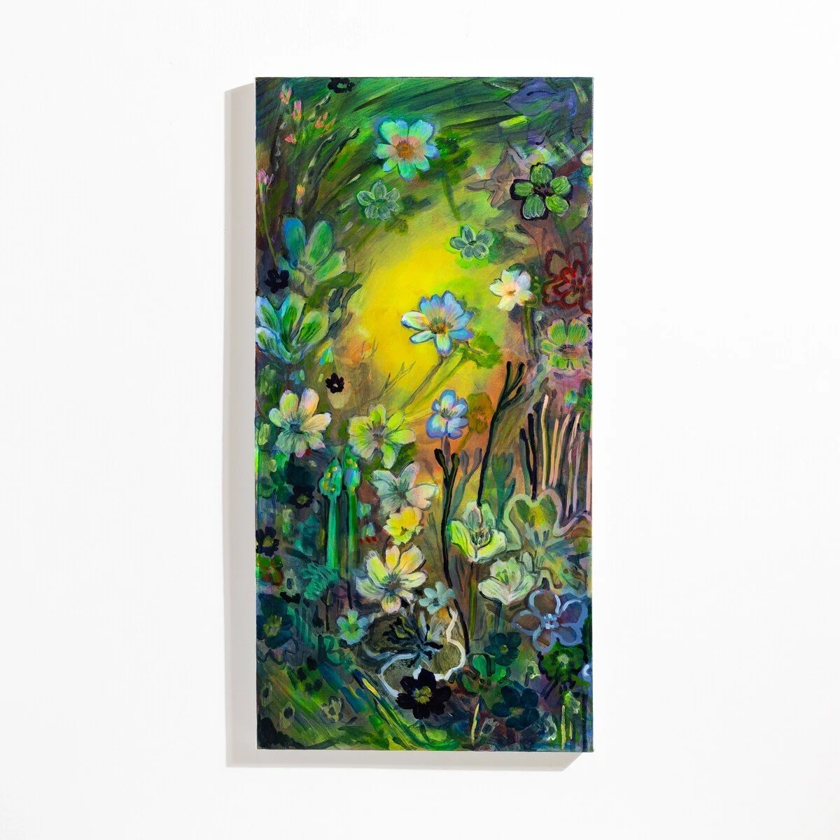 Original brightly colored, floral-inspired painting in acrylic by Vermont-based artist, Wylie Garcia, available at Soapbox Arts Gallery in Burlington, VT