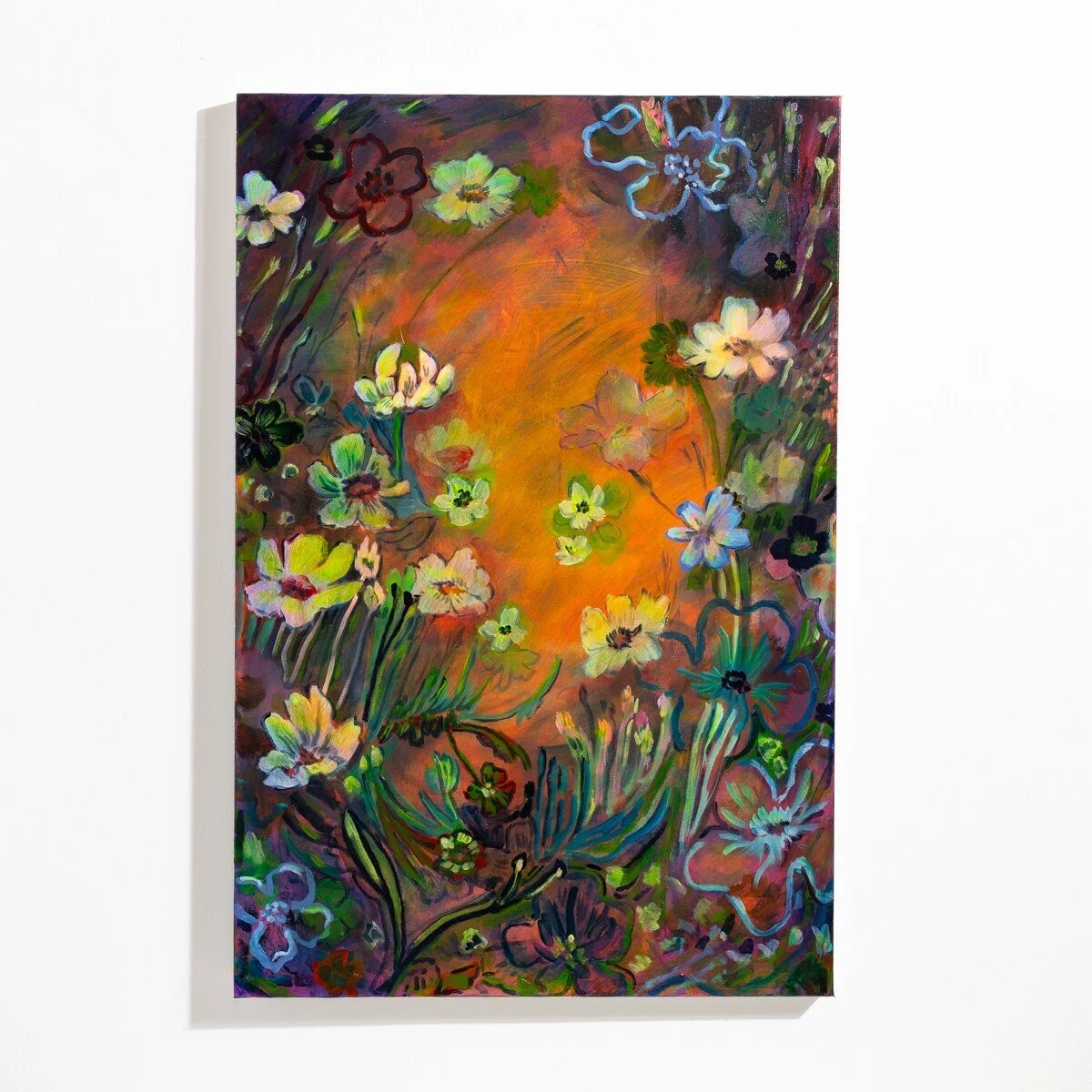 Original brightly colored, floral-inspired painting in acrylic by Vermont-based artist, Wylie Garcia, available at Soapbox Arts Gallery in Burlington, VT