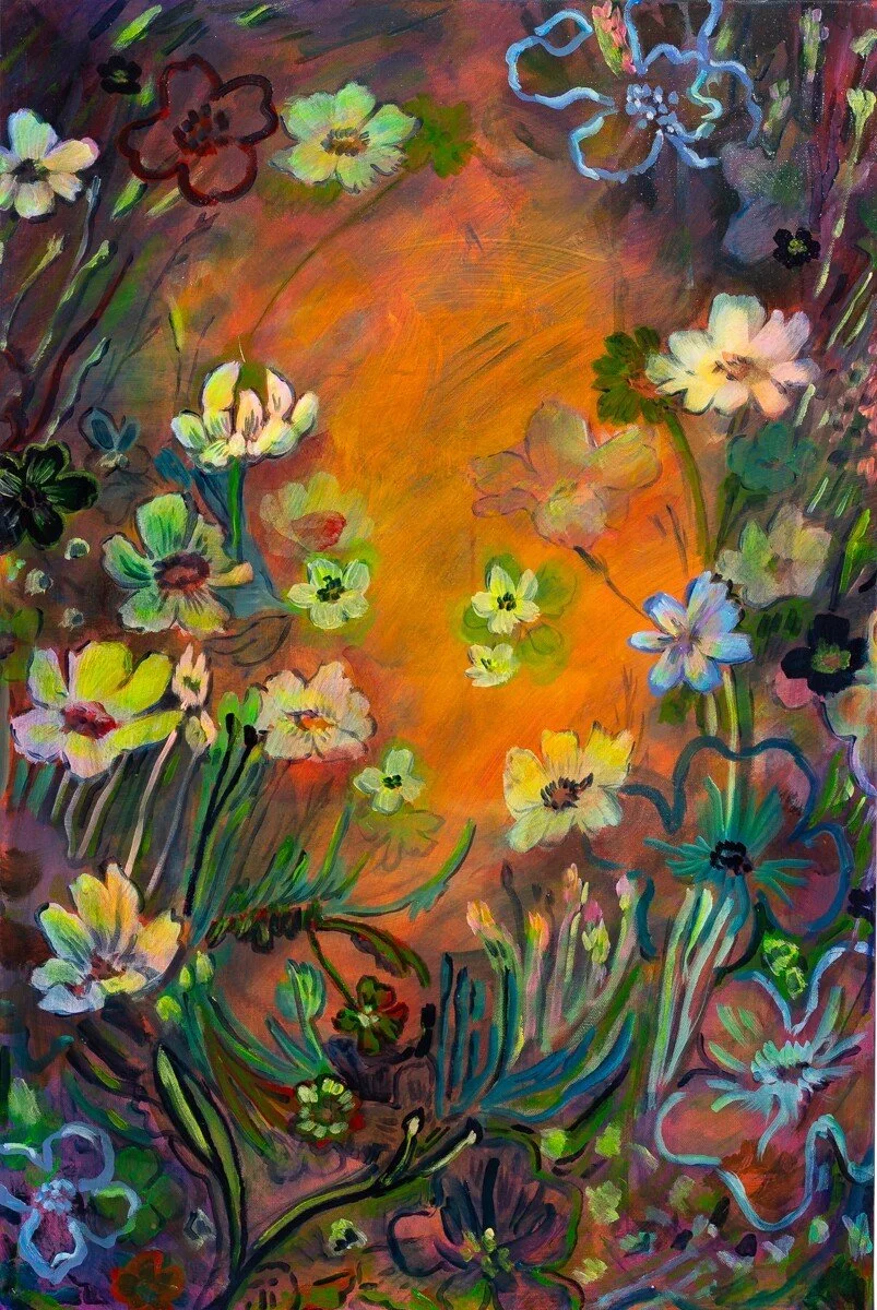 Original brightly colored, floral-inspired painting in acrylic by Vermont-based artist, Wylie Garcia, available at Soapbox Arts Gallery in Burlington, VT