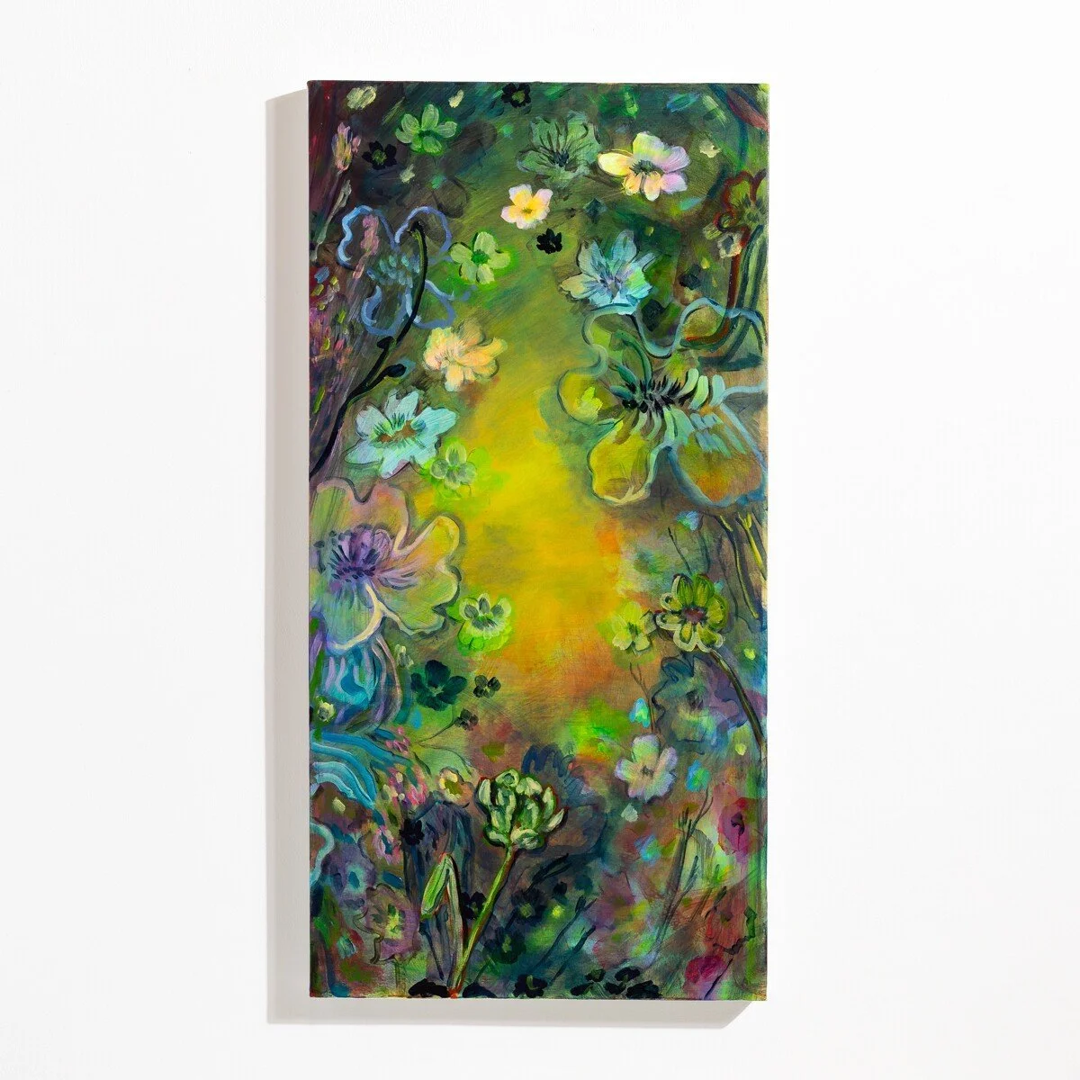 Original brightly colored, floral-inspired painting in acrylic by Vermont-based artist, Wylie Garcia, available at Soapbox Arts Gallery in Burlington, VT