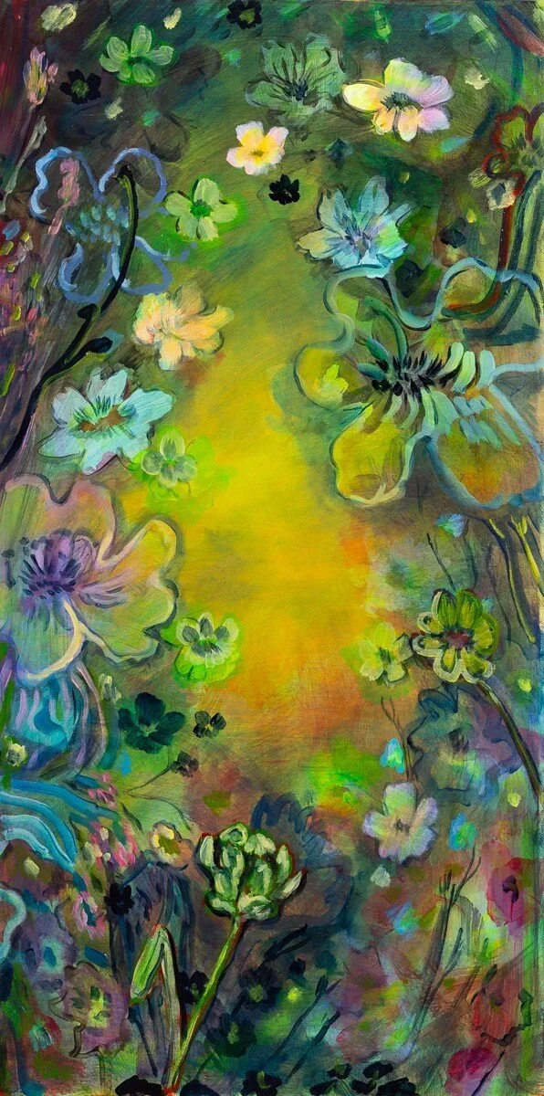 Original brightly colored, floral-inspired painting in acrylic by Vermont-based artist, Wylie Garcia, available at Soapbox Arts Gallery in Burlington, VT