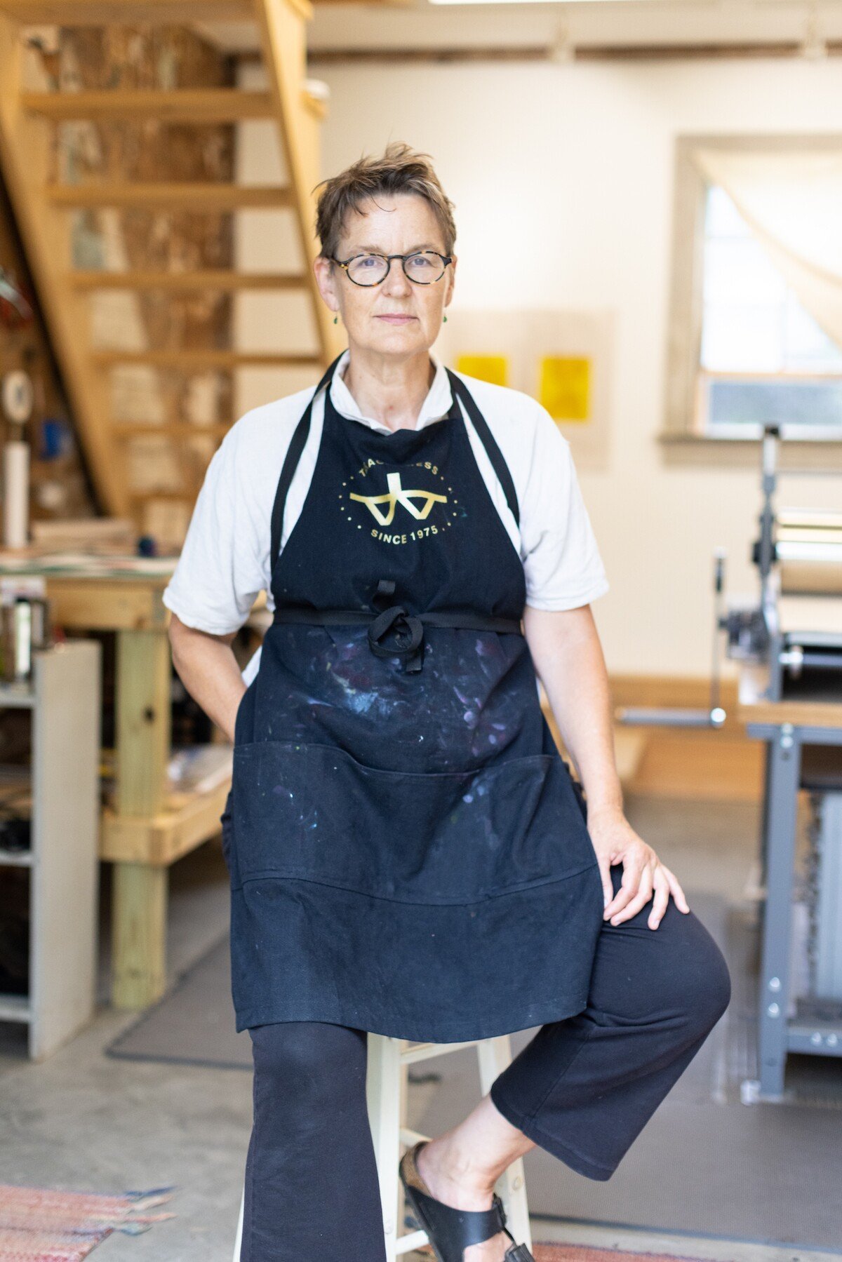 Portrait of Elise Whittemore, Vermont-based Printmaker, in her studio for Soapbox Arts Gallery in Burlington, VT