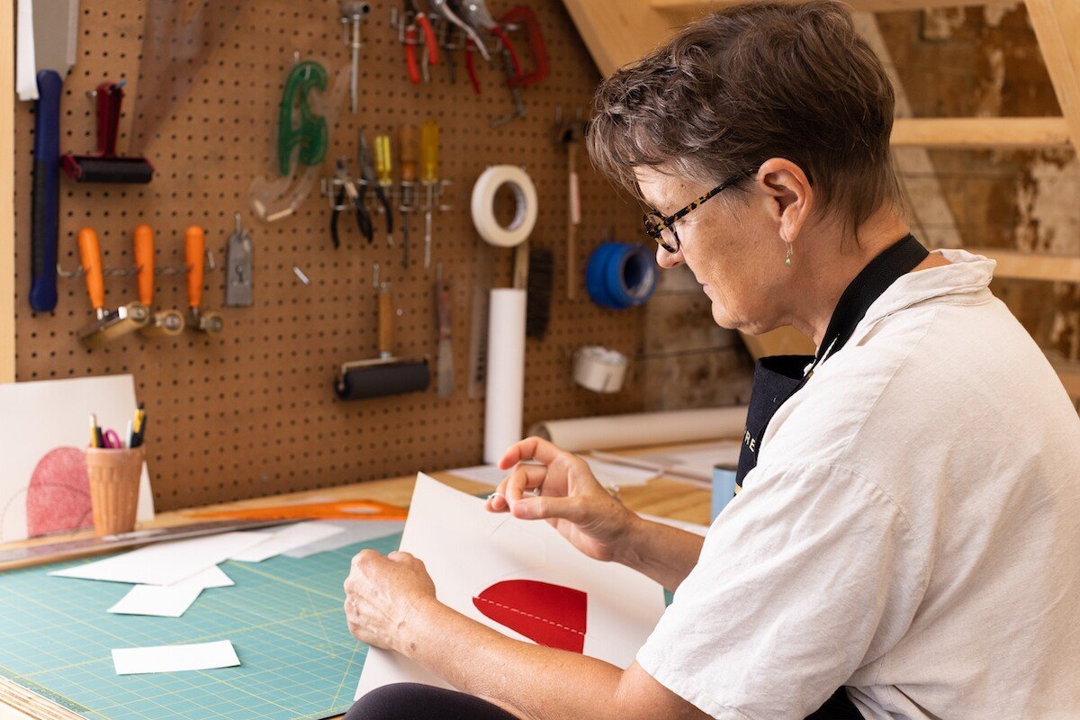 Portrait of Elise Whittemore, Vermont-based Printmaker, in her studio for Soapbox Arts Gallery in Burlington, VT