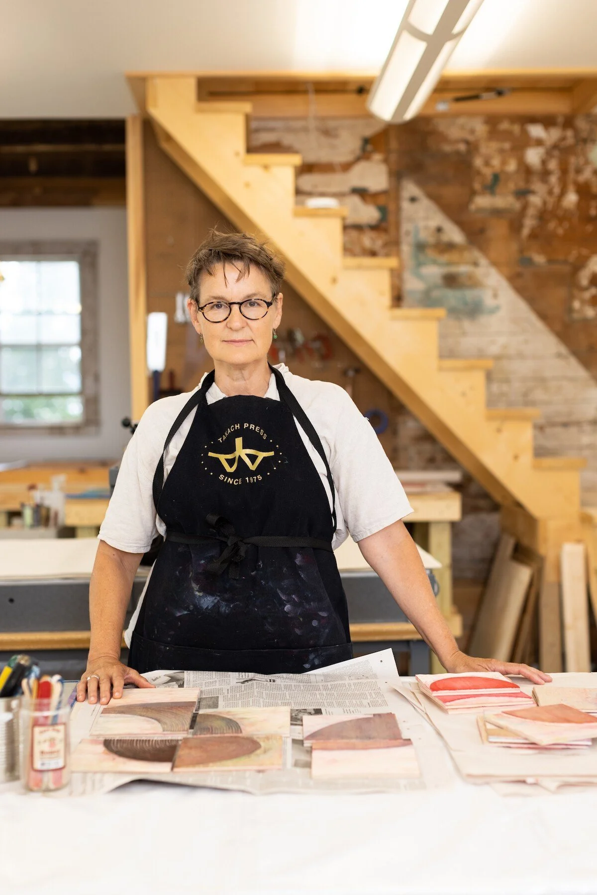 Portrait of Elise Whittemore, Vermont-based Printmaker, in her studio for Soapbox Arts Gallery in Burlington, VT