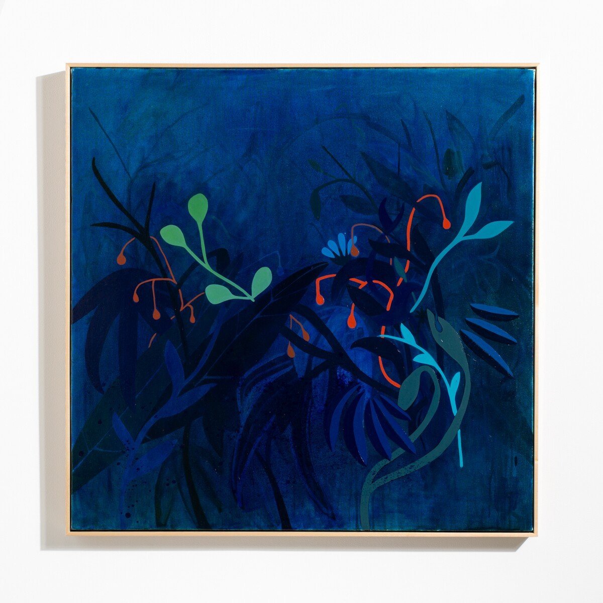 "Night at Jungle's Edge" Oil Painting of Dark Blue Lush Jungle Foliage by Sage Tucker-Ketcham @ Soapbox Arts Gallery, Burlington, VT