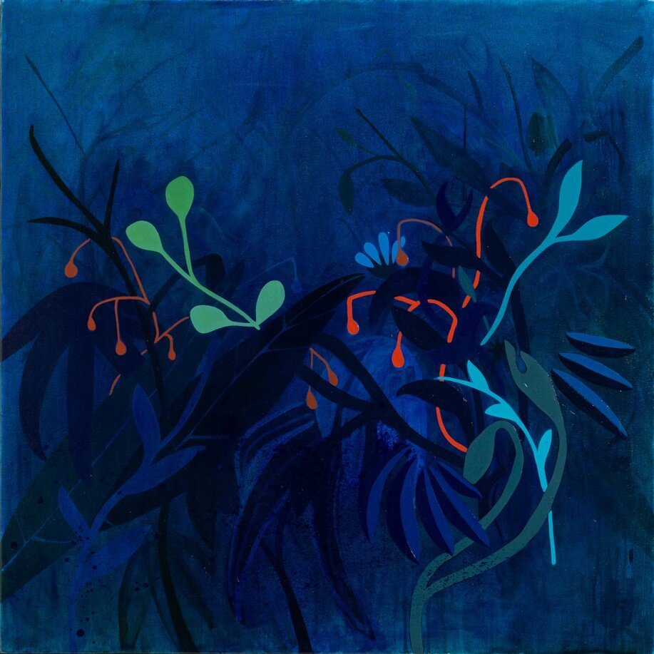 "Night at Jungle's Edge" Oil Painting of Dark Blue Lush Jungle Foliage by Sage Tucker-Ketcham @ Soapbox Arts Gallery, Burlington, VT