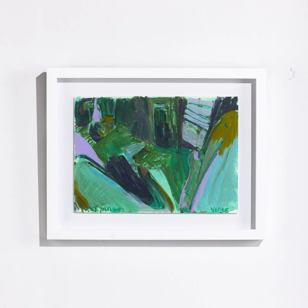 Original Framed Figurative Abstract drawing by Corrine Yonce of lying figures in bold colors on paper in white float frame available at Soapbox Arts Gallery